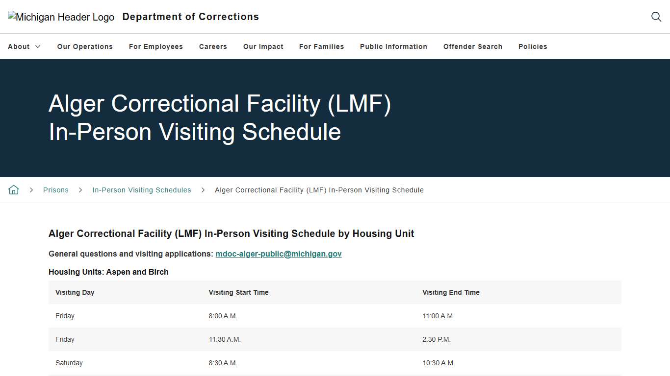 Alger Correctional Facility (LMF) In-Person Visiting Schedule